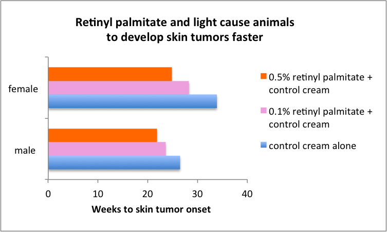 Retinyl palmitate and light cause animals to develop skin tumors faster